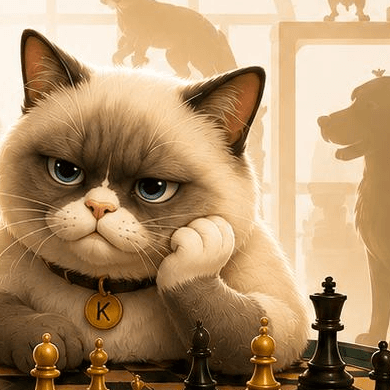 Kirou, le chat grincheux au médaillon K, accoudé devant l'échiquier